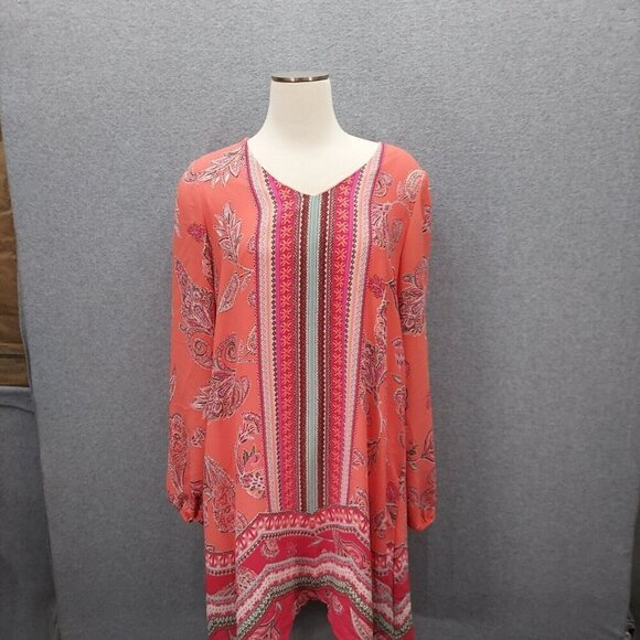 Cato Dresses & Skirts - Cato Women's Orange/Pink Boho Style Floral and Paisley Print Dress Size L